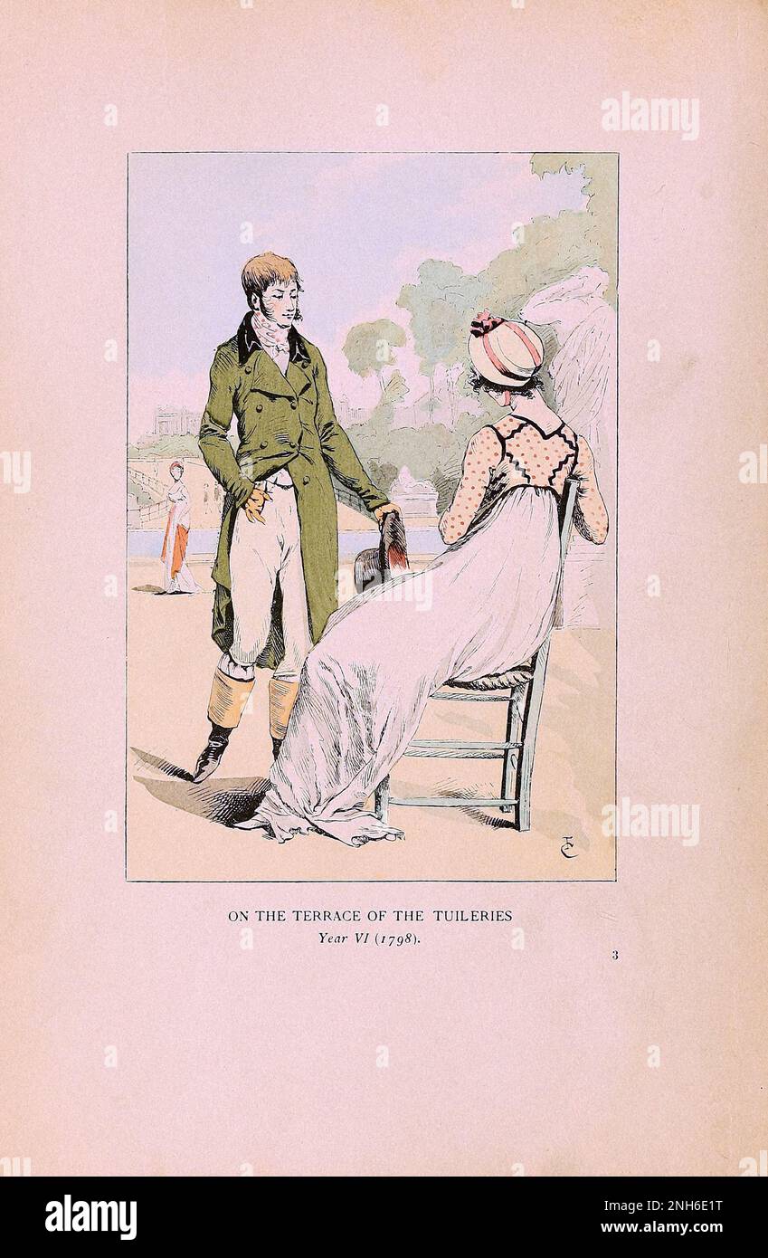 Vintage-Mode in Paris. Auf der Terrasse der Tuilerien. 1798. Die verschiedenen Phasen des weiblichen Geschmacks und der Ästhetik von 1797 bis 1897 Stockfoto