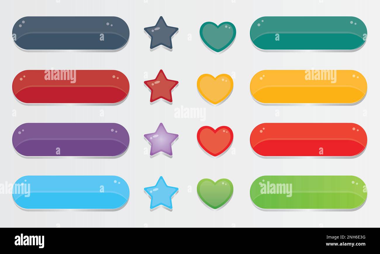 Schaltflächen der Benutzeroberfläche für Spiele oder Apps. Schaltflächen auf der Spieloberfläche. Elemente der mobilen Anwendungsschnittstelle. Sammlungstasten für mobile Entwicklung, Casua Stock Vektor