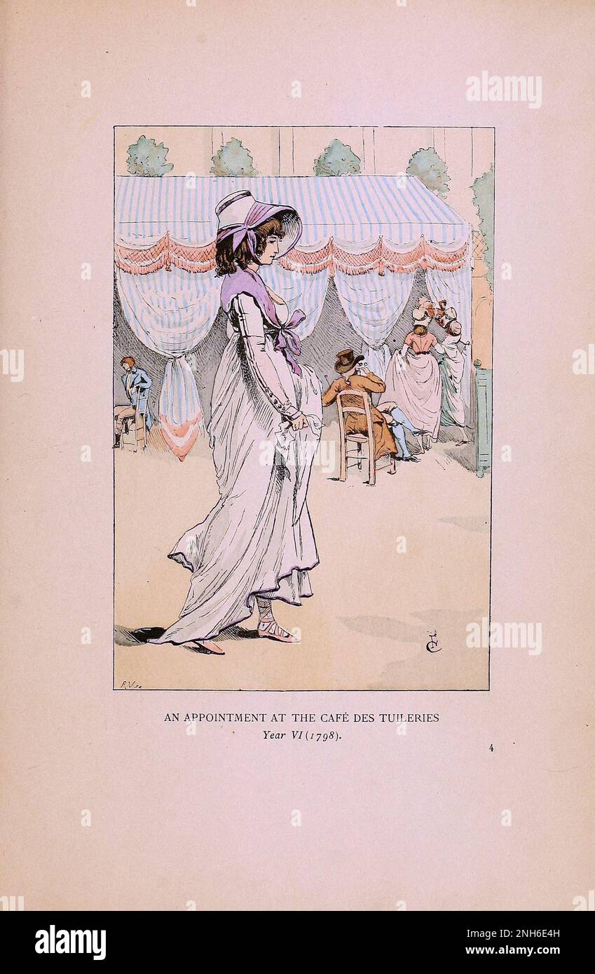 Vintage-Mode in Paris. Ein Termin im Café des Tuileries. 1798. Die verschiedenen Phasen des weiblichen Geschmacks und der Ästhetik von 1797 bis 1897 Stockfoto