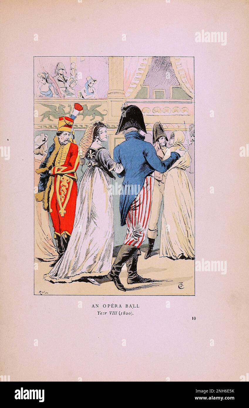 Vintage-Mode in Paris. Ein Opernball. 1800. Die verschiedenen Phasen des weiblichen Geschmacks und der Ästhetik von 1797 bis 1897 Stockfoto