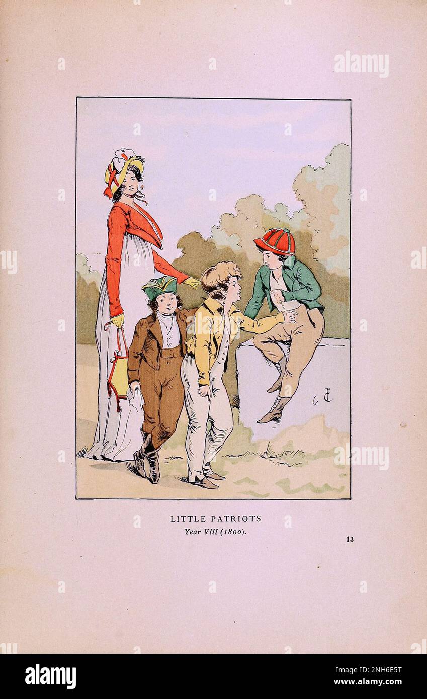 Vintage-Mode in Paris. Kleine Patrioten. 1800. Die verschiedenen Phasen des weiblichen Geschmacks und der Ästhetik von 1797 bis 1897 Stockfoto