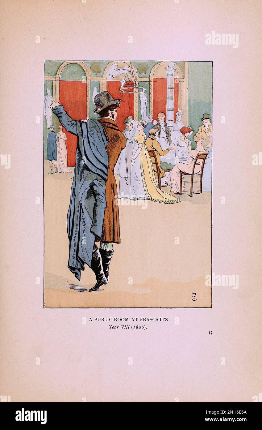 Vintage-Mode in Paris. Ein öffentlicher Raum bei Frascati's. 1800 die verschiedenen Phasen des weiblichen Geschmacks und der Ästhetik von 1797 bis 1897 Stockfoto