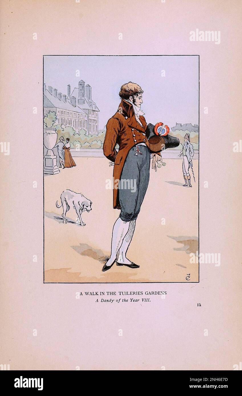 Vintage-Mode in Paris. Ein Spaziergang in den Tuilerien. Ein Dandy des Jahres 1800. Die verschiedenen Phasen des weiblichen Geschmacks und der Ästhetik von 1797 bis 1897 Stockfoto