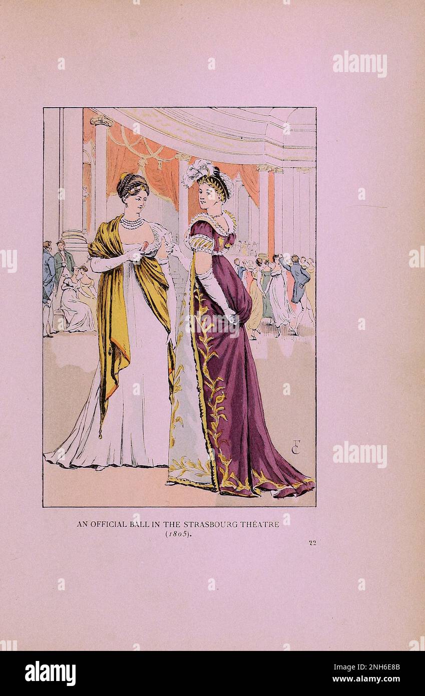 Vintage-Mode in Paris. Ein offizieller Ball im Straßburger Theater (1805). Die verschiedenen Phasen des weiblichen Geschmacks und der Ästhetik von 1797 bis 1897 Stockfoto