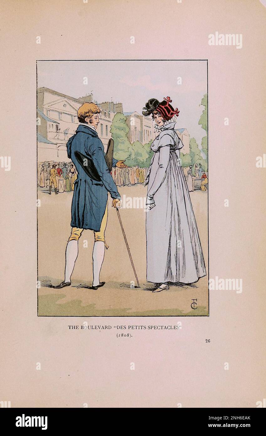 Vintage-Mode in Paris. Der Boulevard 'des Petits Brills', 1808. Die verschiedenen Phasen des weiblichen Geschmacks und der Ästhetik von 1797 bis 1897 Stockfoto