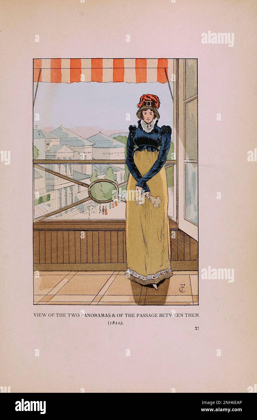Vintage-Mode in Paris. Ansicht der beiden Panoramas und der Passage dazwischen, 1810. Die verschiedenen Phasen des weiblichen Geschmacks und der Ästhetik von 1797 bis 1897 Stockfoto
