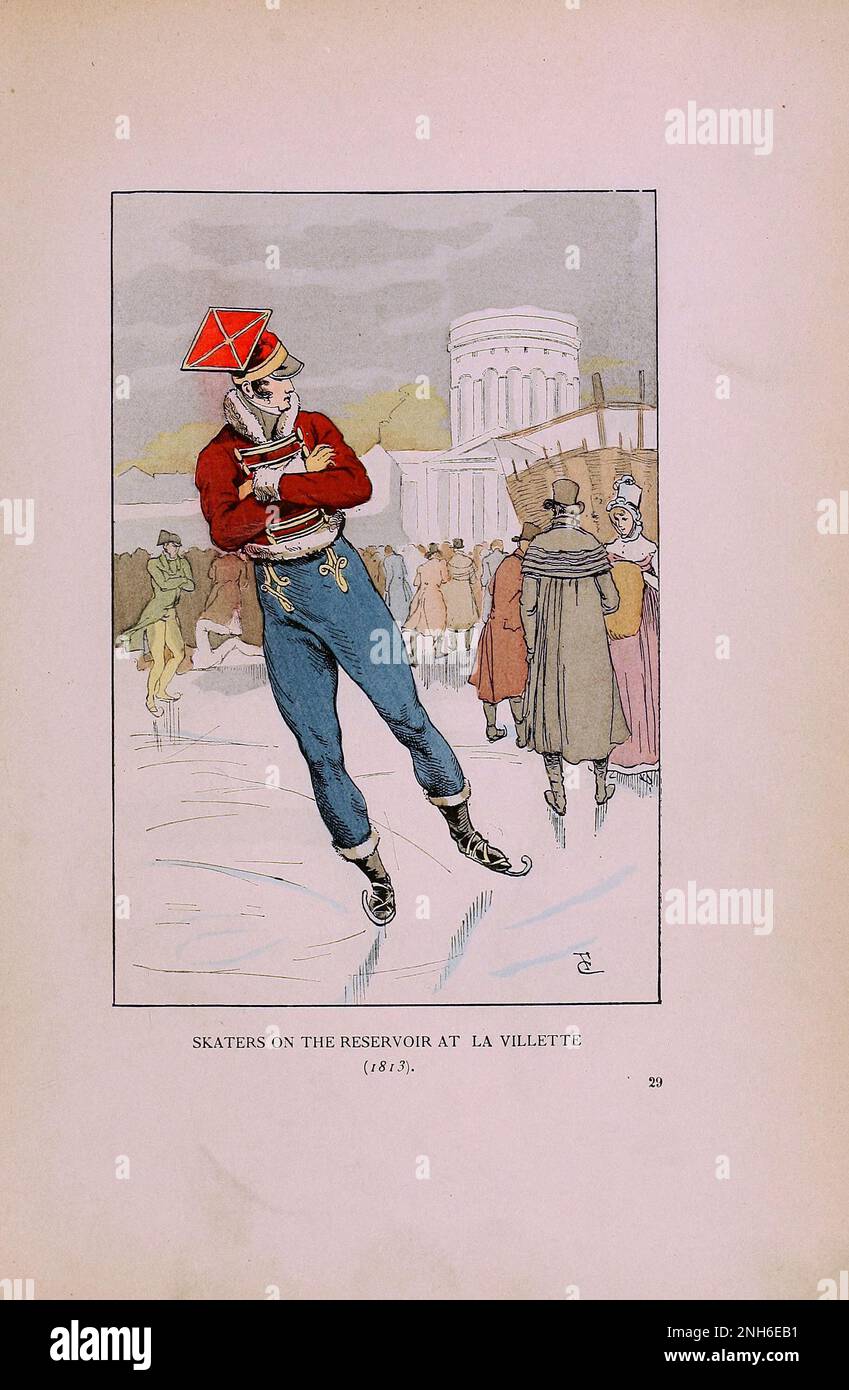 Vintage-Mode in Paris. Skater auf den Stauseen in La Villette, 1813. Die verschiedenen Phasen des weiblichen Geschmacks und der Ästhetik von 1797 bis 1897 Stockfoto