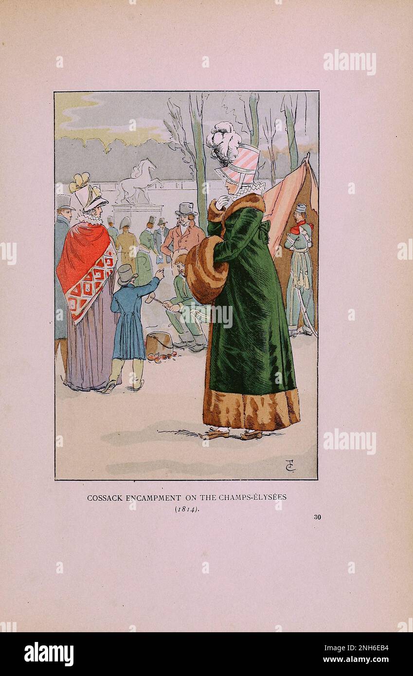 Vintage-Mode in Paris. Cossack Encampment auf den Champs Elysees, 1814. Die verschiedenen Phasen des weiblichen Geschmacks und der Ästhetik von 1797 bis 1897 Stockfoto
