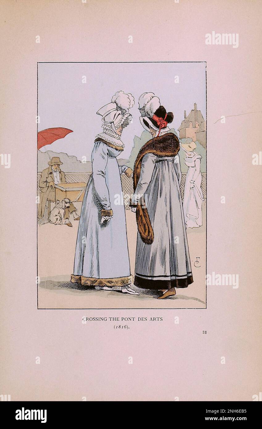 Vintage-Mode in Paris. Überqueren Sie die Pont des Arts, 1816. Die verschiedenen Phasen des weiblichen Geschmacks und der Ästhetik von 1797 bis 1897 Stockfoto