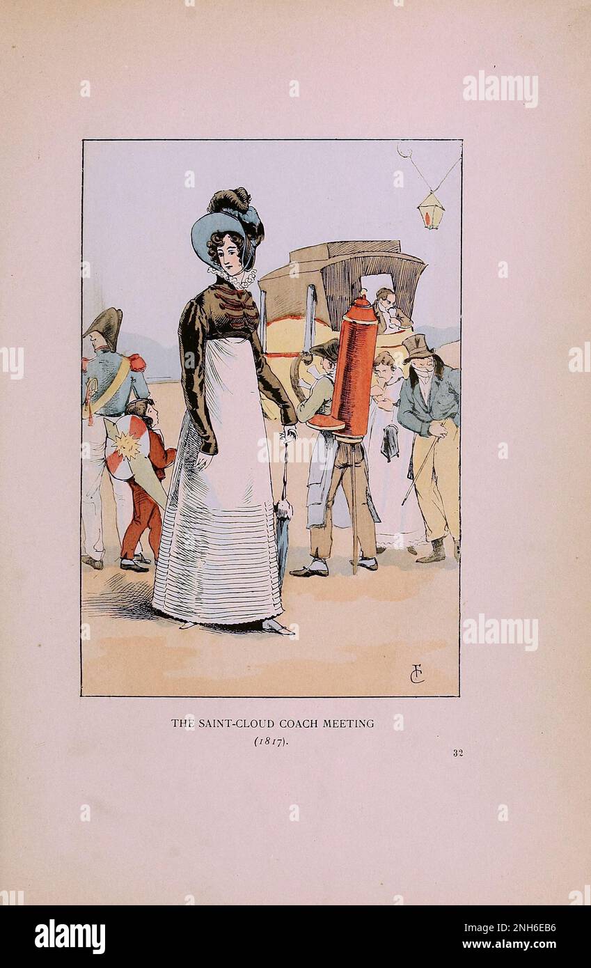 Vintage-Mode in Paris. Das Saint-Cloud Coach Meeting, 1817. Die verschiedenen Phasen des weiblichen Geschmacks und der Ästhetik von 1797 bis 1897 Stockfoto
