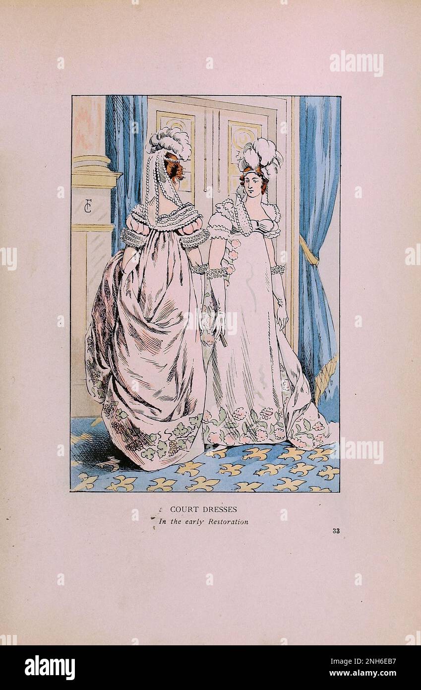Vintage-Mode in Paris. Hofkleider der Frührestauration. Die verschiedenen Phasen des weiblichen Geschmacks und der Ästhetik von 1797 bis 1897 Stockfoto
