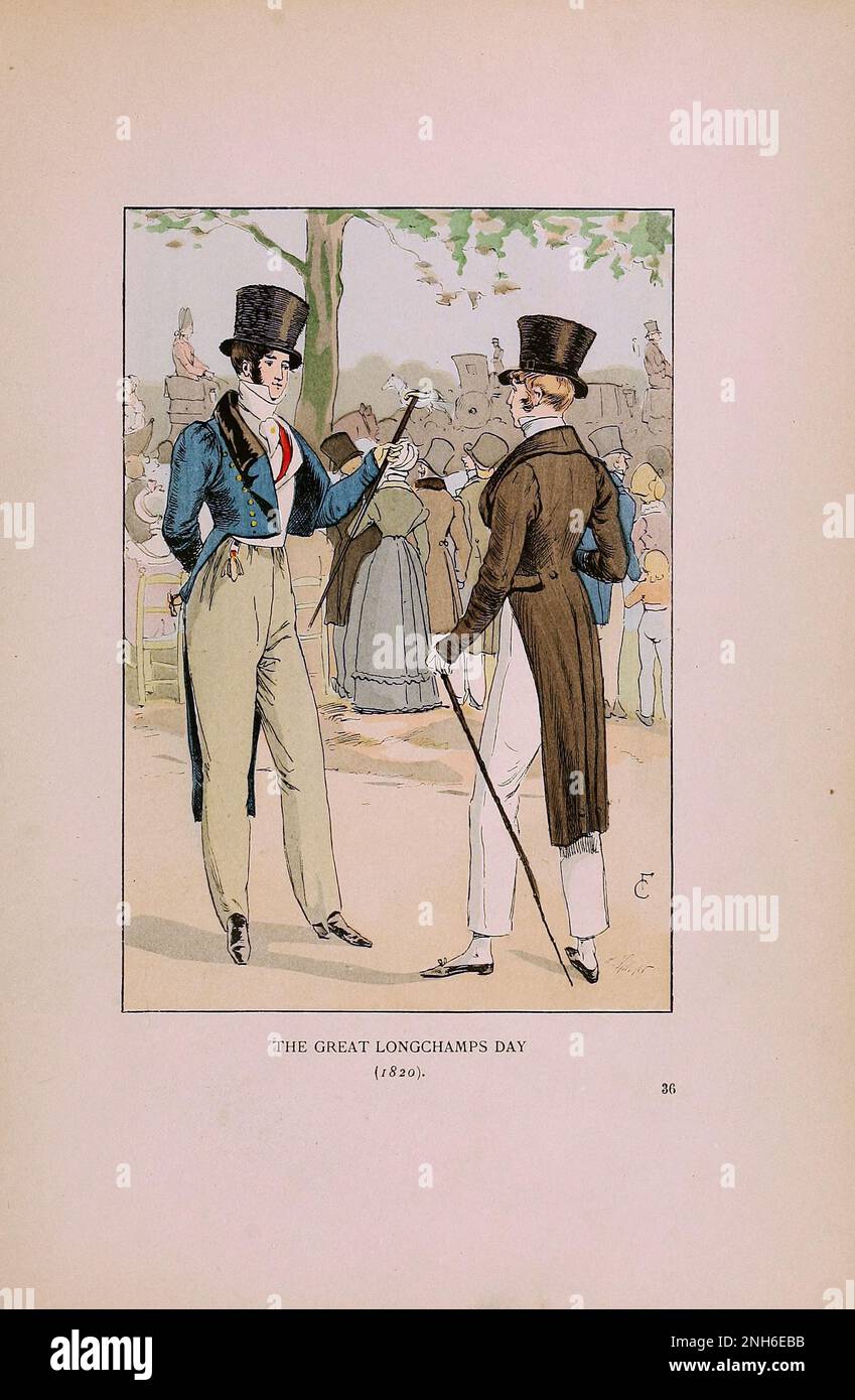 Vintage-Mode in Paris. Der Große Longchamps-Tag 1820. Die verschiedenen Phasen des weiblichen Geschmacks und der Ästhetik von 1797 bis 1897 Stockfoto