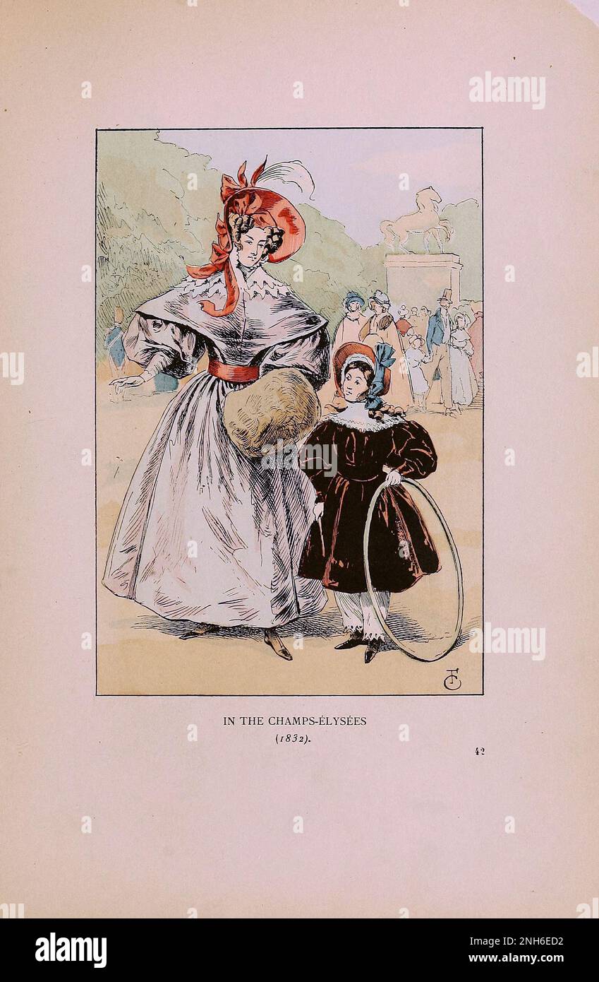 Vintage-Mode in Paris. Auf den Champs-Elysées, 1832. Die verschiedenen Phasen des weiblichen Geschmacks und der Ästhetik von 1797 bis 1897 Stockfoto