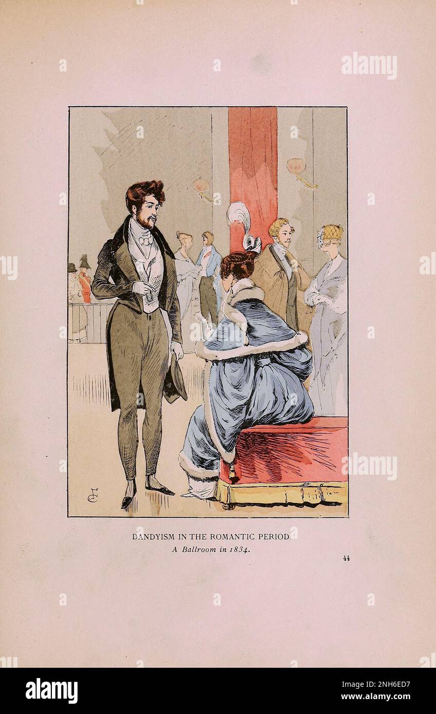 Vintage-Mode in Paris. Dandyismus in der Romantik. Ein Ballsaal im Jahr 1834. Die verschiedenen Phasen des weiblichen Geschmacks und der Ästhetik von 1797 bis 1897 Stockfoto