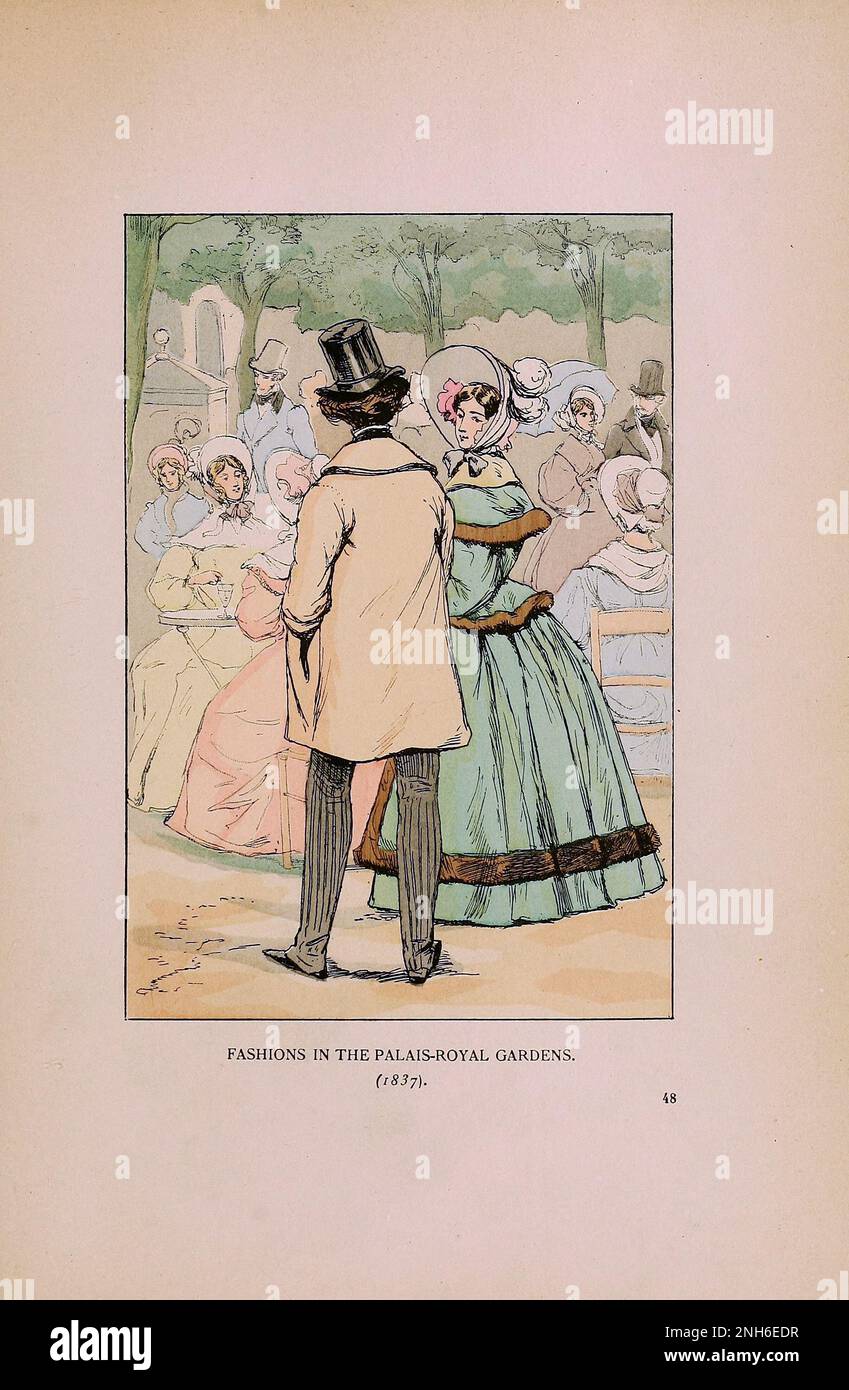 Vintage-Mode in Paris. Mode im Palais-Royal Gardens, 1837. Die verschiedenen Phasen des femininen Geschmacks und der Ästhetik von 1797 bis 1897 Stockfoto
