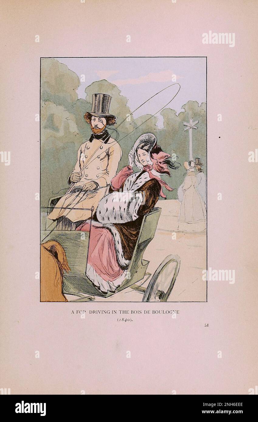Vintage-Mode in Paris. Ein FOP, der 1840 in Bois de Boulogne fährt. Die verschiedenen Phasen des weiblichen Geschmacks und der Ästhetik von 1797 bis 1897 Stockfoto