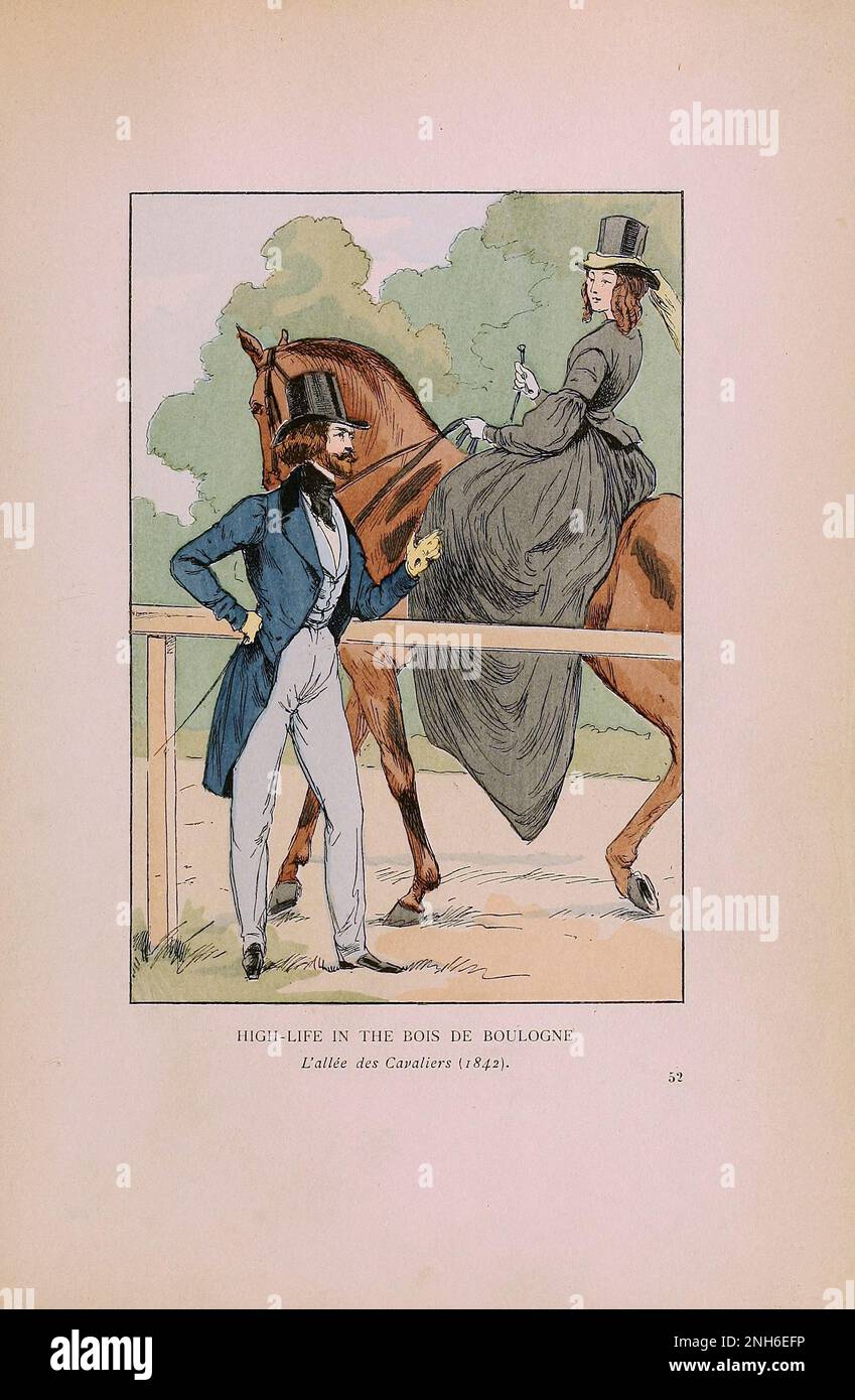 Vintage-Mode in Paris. High Life im Bois de Boulogne. L'Alee de Cavaliers, 1842. Die verschiedenen Phasen des weiblichen Geschmacks und der Ästhetik von 1797 bis 1897 Stockfoto