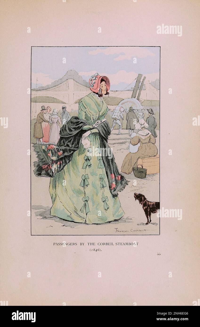 Vintage-Mode in Paris. Passagiere beim Corbeil Steamer, 1846. Die verschiedenen Phasen des weiblichen Geschmacks und der Ästhetik von 1797 bis 1897 Stockfoto