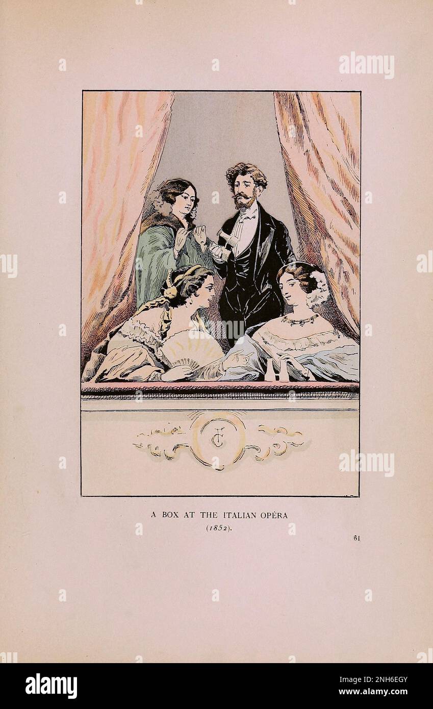 Vintage-Mode in Paris. Eine Büchse in der italienischen Oper, 1852. Die verschiedenen Phasen des weiblichen Geschmacks und der Ästhetik von 1797 bis 1897 Stockfoto