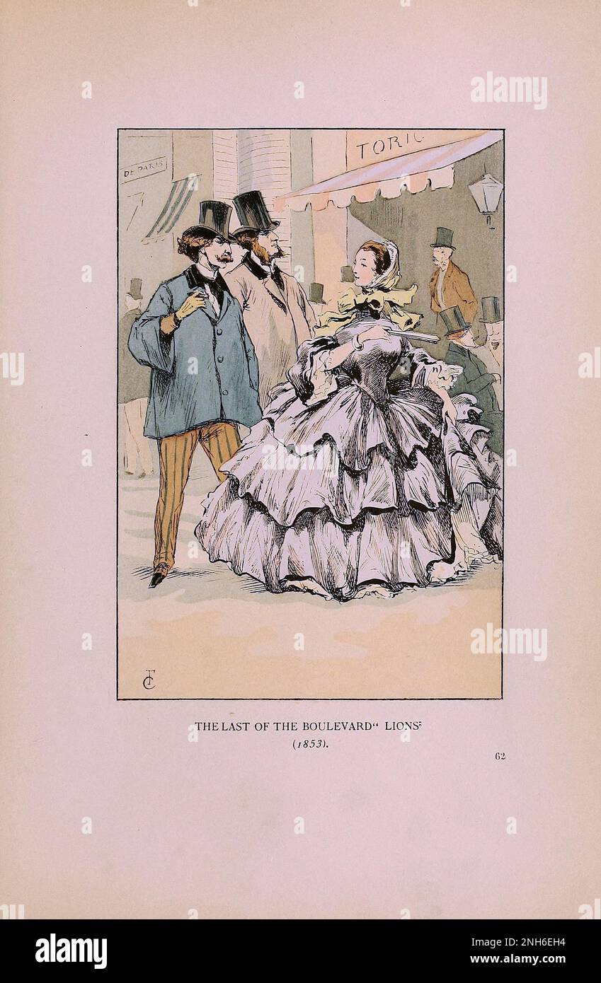 Vintage-Mode in Paris. Der letzte Boulevard 'Lions', 1853. Die verschiedenen Phasen des weiblichen Geschmacks und der Ästhetik von 1797 bis 1897 Stockfoto