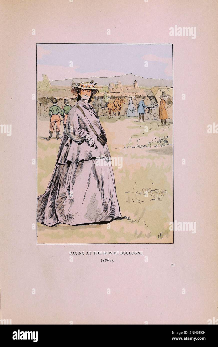 Vintage-Mode in Paris. Rennen im Bois de Boulogne, 1862. Die verschiedenen Phasen des weiblichen Geschmacks und der Ästhetik von 1797 bis 1897 Stockfoto