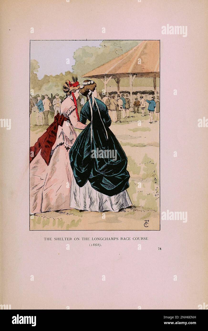 Vintage-Mode in Paris. Das Shelter auf der Rennbahn Longchamps, 1868. Die verschiedenen Phasen des weiblichen Geschmacks und der Ästhetik von 1797 bis 1897 Stockfoto