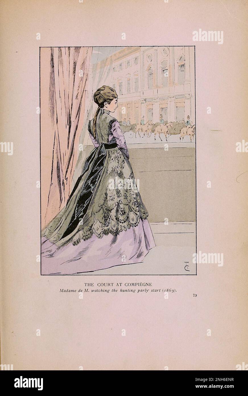 Vintage-Mode in Paris. Der Hof in Compiegne. Madame, Bitte. De M. Wir sehen uns den Beginn der Jagdparty an, 1869. Die verschiedenen Phasen des weiblichen Geschmacks und der Ästhetik von 1797 bis 1897 Stockfoto