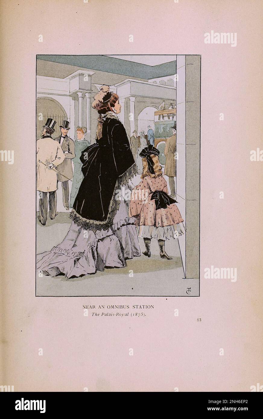 Vintage-Mode in Paris. In der Nähe einer Omnibus-Station. Das Palais Royal, 1875. Die verschiedenen Phasen des weiblichen Geschmacks und der Ästhetik von 1797 bis 1897 Stockfoto