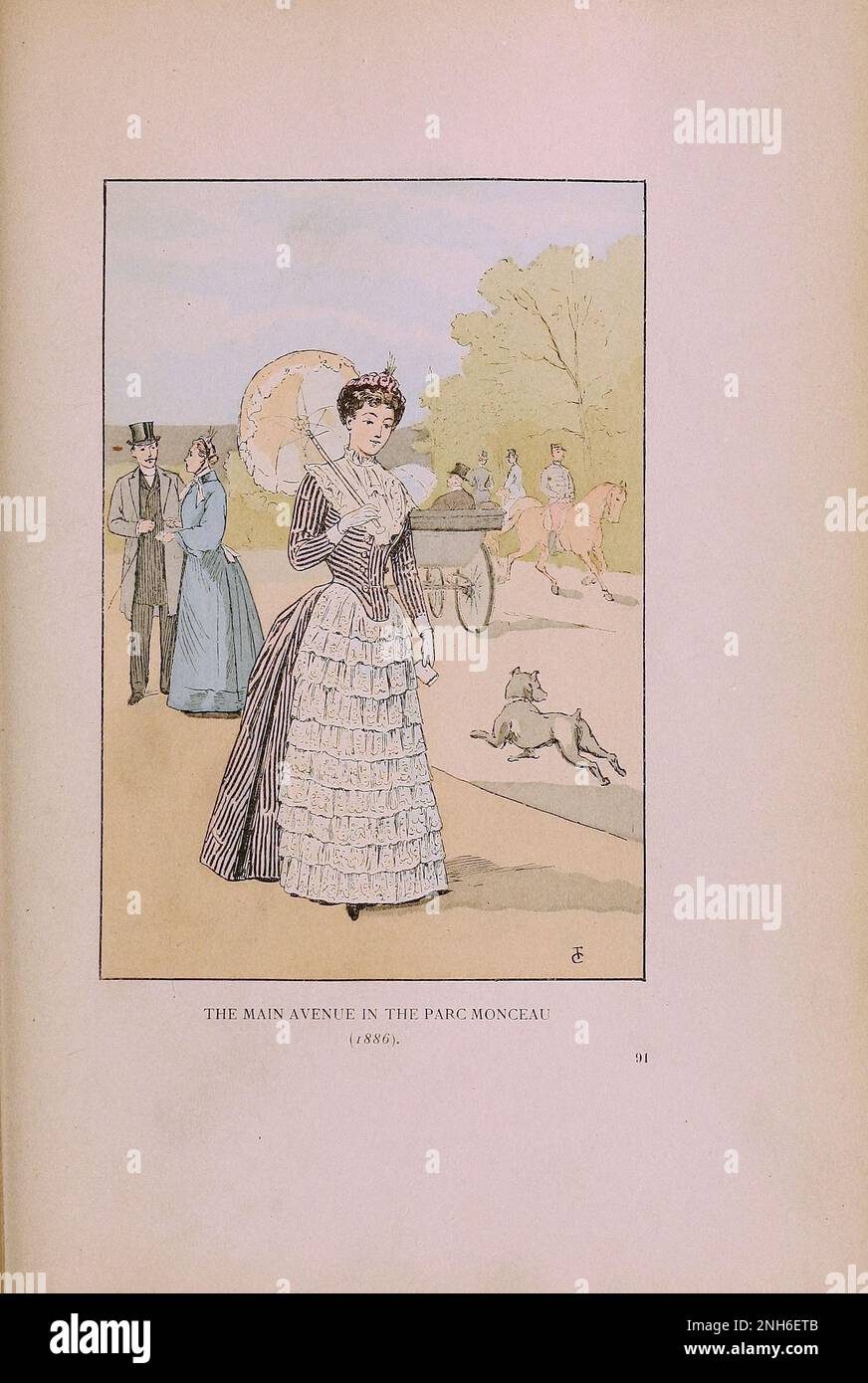 Vintage-Mode in Paris. Die Main Avenue im Parc Monceau, 1886. Die verschiedenen Phasen des weiblichen Geschmacks und der Ästhetik von 1797 bis 1897 Stockfoto