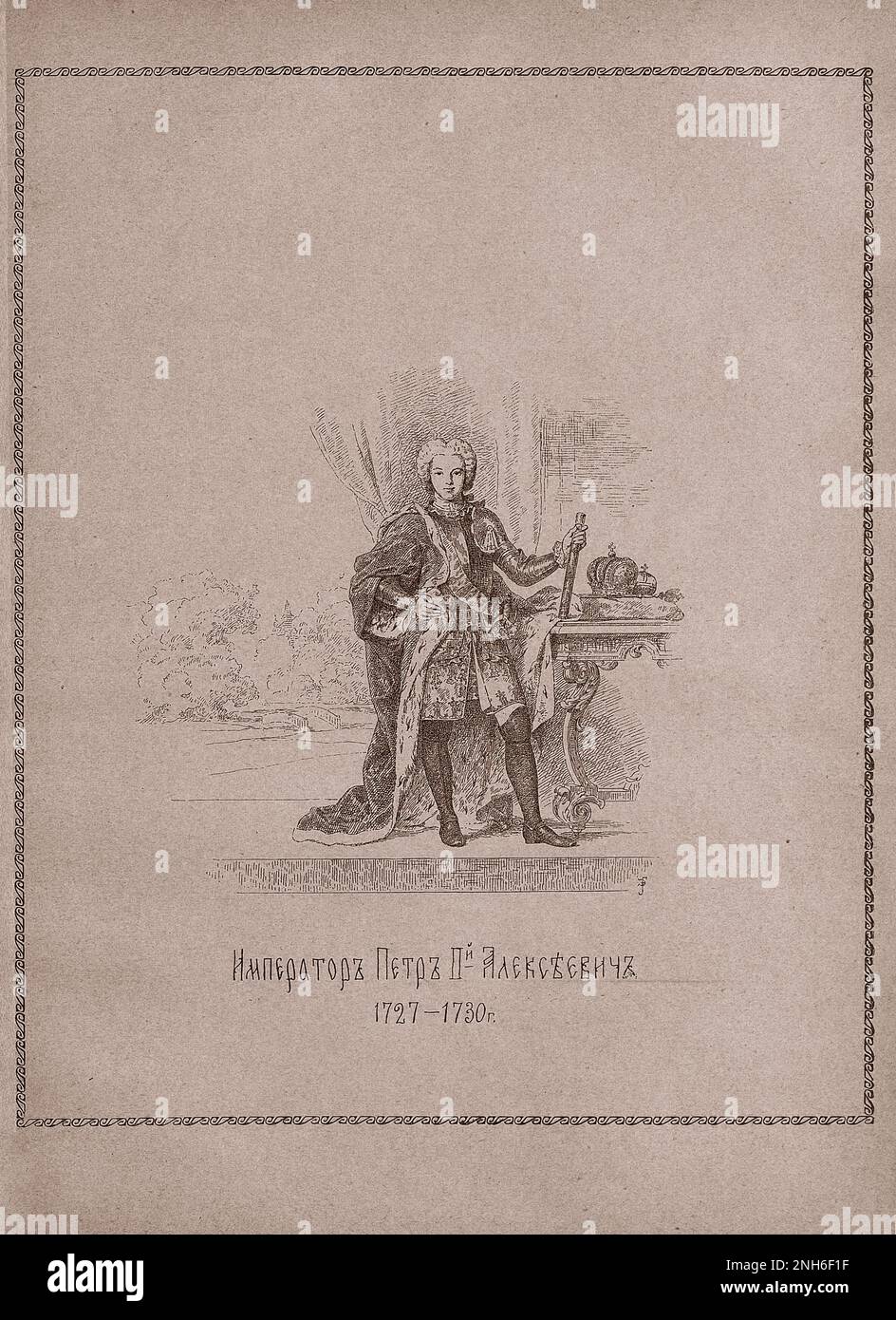 Gravur von Peter II. Von Russland. 1913 Peter II. Alexejewitsch (1715-1730) regierte von 1727 bis 1730, als er mit 14 starb, als Kaiser von Russland. Er war der einzige Sohn von Sarewitsch Alexej Petrowitsch (Sohn von Peter dem Großen durch seine erste Frau, Eudoxia Lopukhina) und von Charlotte Christine aus Brunswick-Lüneburg. Er war das letzte männliche agnatische Mitglied des Hauses Romanow. Stockfoto