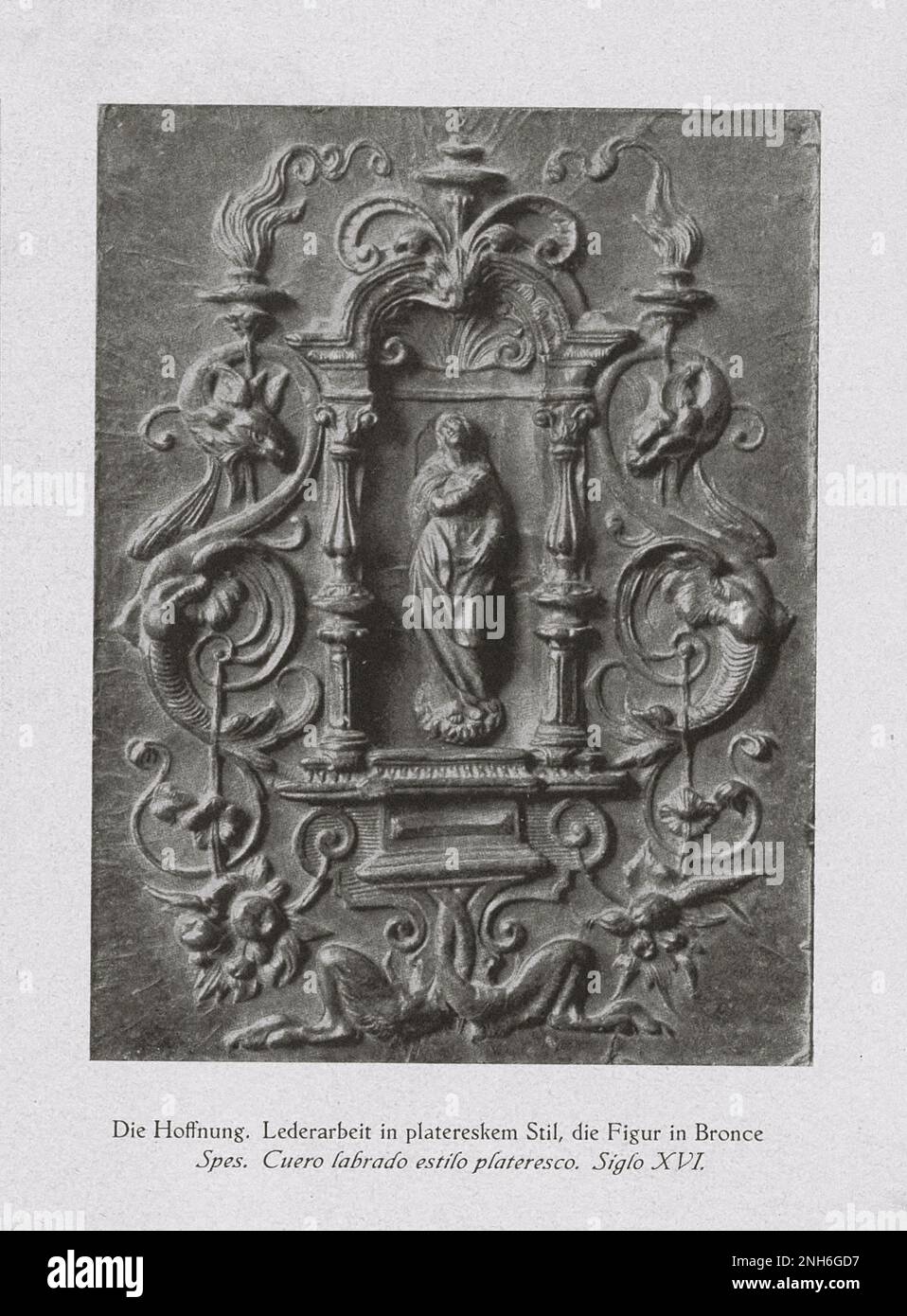 Kunst des alten Spaniens. Aspiration (Hope). Lederarbeiten im Plateresque-Stil, die Figur in Bronze. Anfang des 16. Jahrhunderts Stockfoto