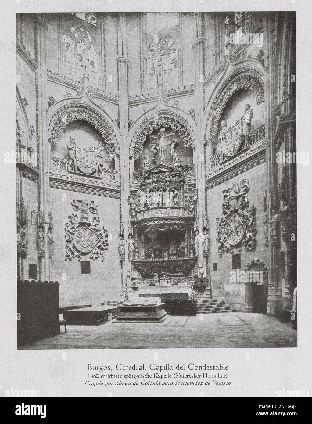 Architektur des alten Spaniens. Oldtimer-Foto der Kathedrale von Burgos (Capilla del Condestable catedral de Burgos). Stockfoto