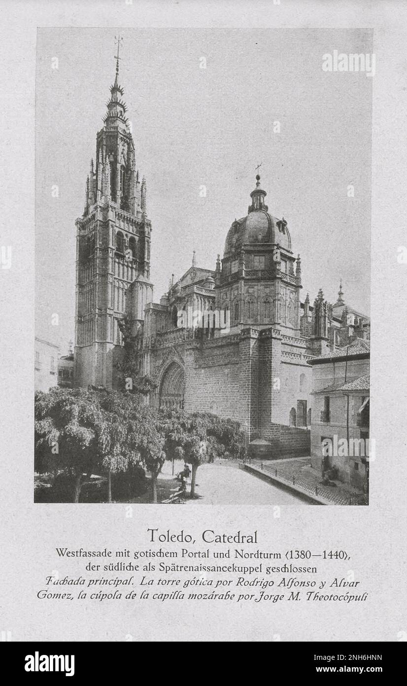 Architektur des alten Spaniens. Oldtimer-Foto der Kathedrale von Toledo. Die Primatiale Kathedrale der Heiligen Maria von Toledo (Spanisch: Kathedrale Primada Santa María de Toledo), auch bekannt als Toledo Kathedrale, ist eine römisch-katholische Kirche in Toledo, Spanien. Es ist der Sitz der großstädtischen Erzdiözese von Toledo. Stockfoto
