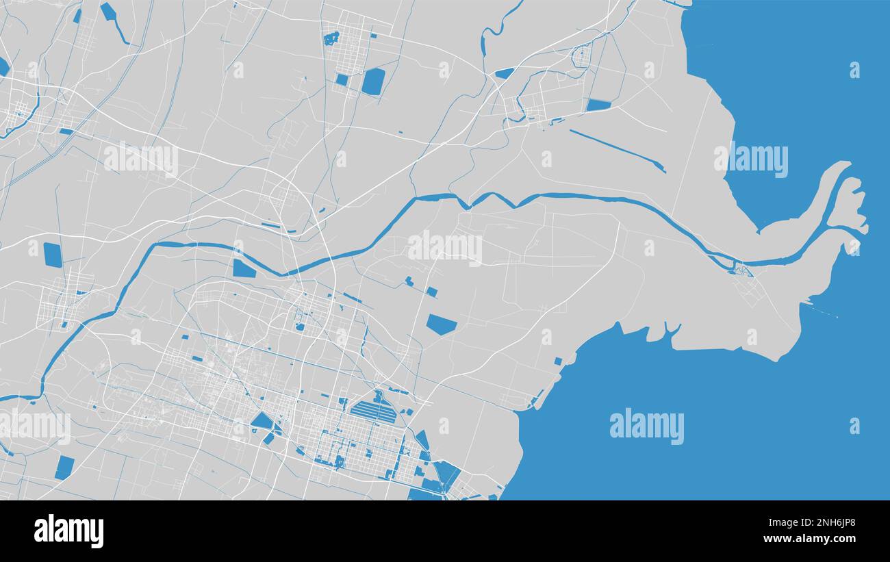 Gelbe Flusskarte, Huang He, Dongying City, China. Wasserlauf, Wasserdurchfluss, Straßenkarte mit blauem Hintergrund. Vektordarstellung, detaillierte Silhouette. Stock Vektor