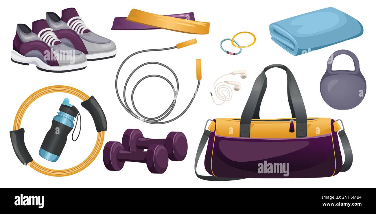 Sporttasche isoliertes Icon Set, was in einer Sportlertasche für Mädchen sein kann Vektorabbildung Stock Vektor