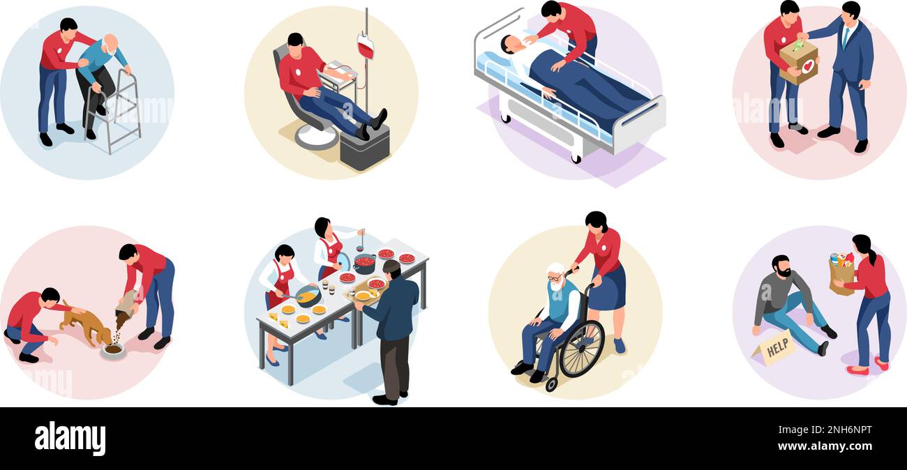 Freiwilliges isometrisches Set von Kompositionen mit Menschen, die Tieren helfen Behinderte füttern bedürftige Blutspender 3D isolierte Vektordarstellung Stock Vektor