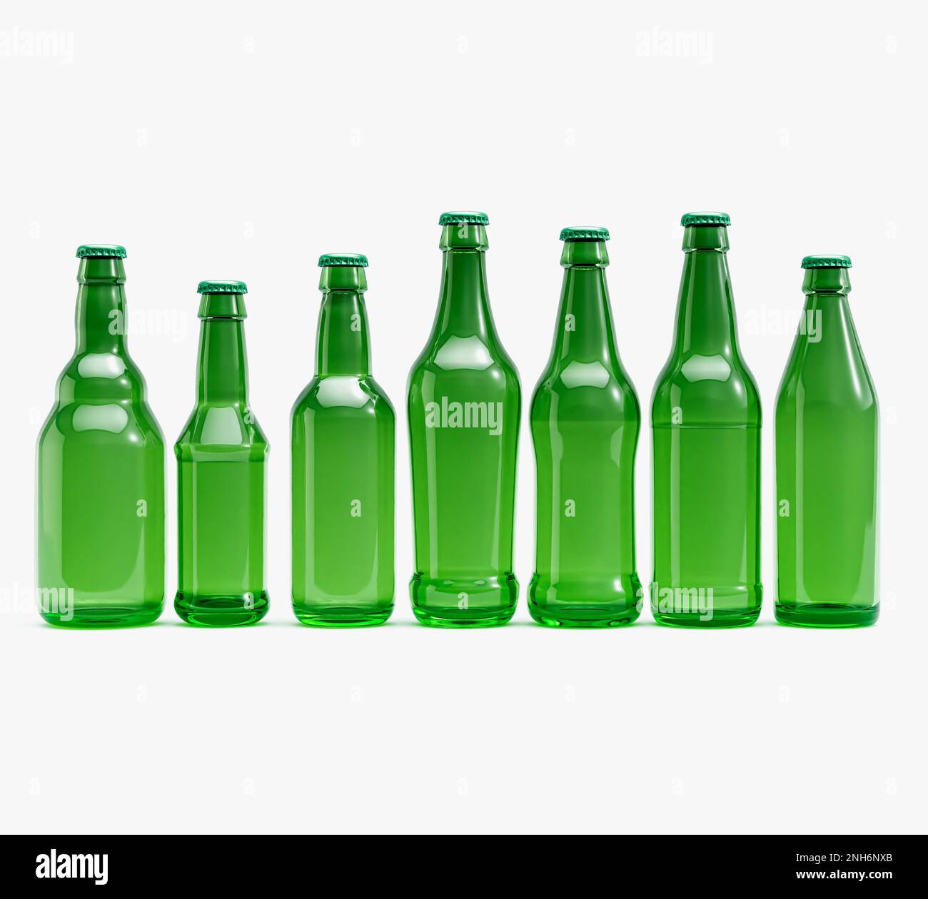 Eine Auswahl an Bierflaschen aus grünem Glas auf einem isolierten weißen Studiohintergrund – 3D-Rendering Stockfoto