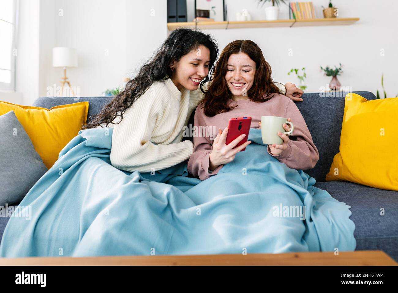 Zwei junge weibliche Mitbewohner schauen sich Social-Media-Inhalte auf dem Mobiltelefon an Stockfoto