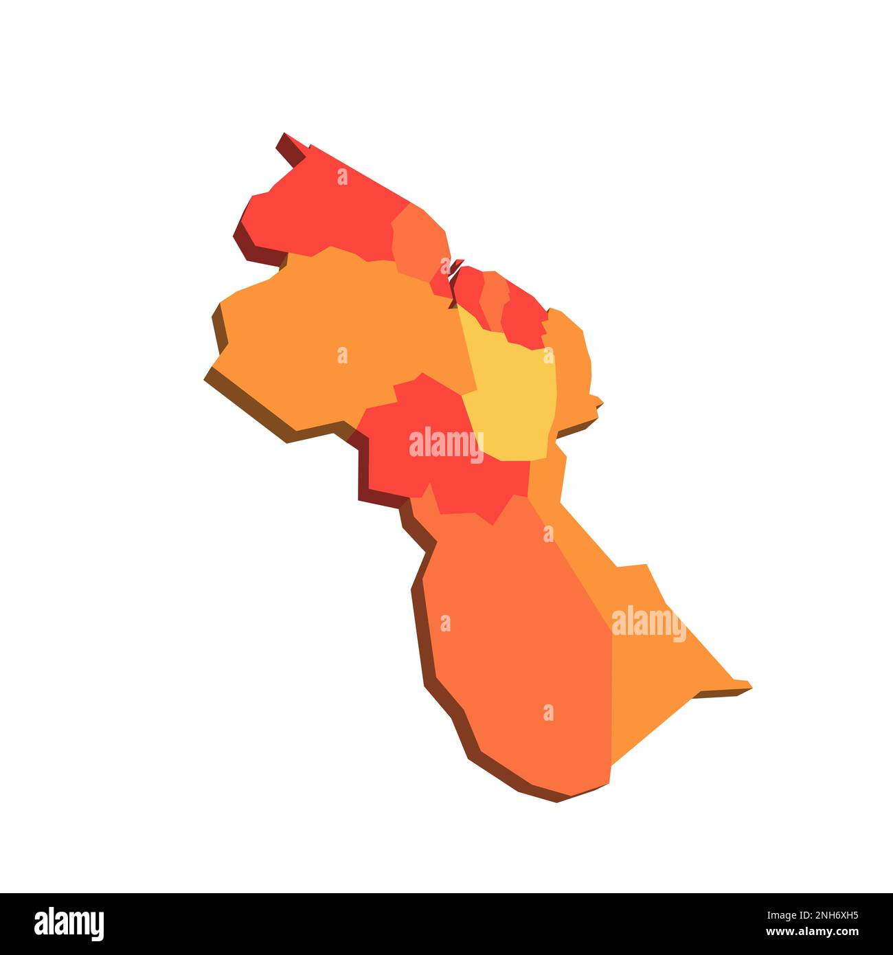 Politische Karte der Verwaltungsabteilungen - Regionen in Guyana. 3D-Karte in orangefarbenen Farbtönen. Stock Vektor