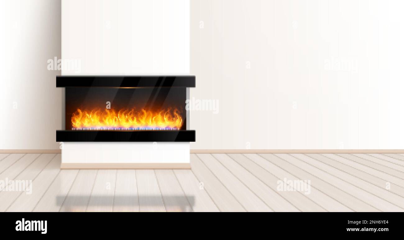 Kamin realistische Komposition mit Blick von innen auf leere Zimmer mit modernem Schornstein und brennendem Feuervektor Illustration Stock Vektor