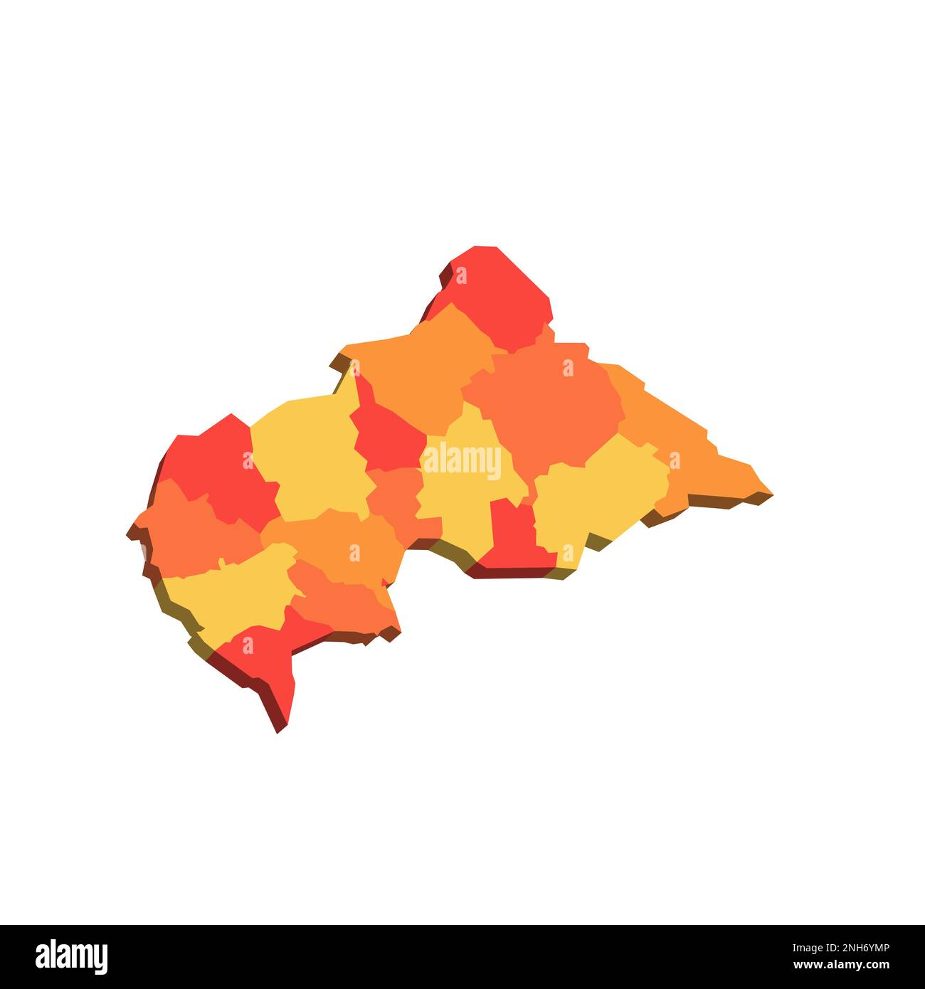 Politische Karte der Verwaltungseinheiten der Zentralafrikanischen Republik - Präfekturen und autonome Gemeinde Bangui. 3D-Karte in orangefarbenen Farbtönen. Stock Vektor