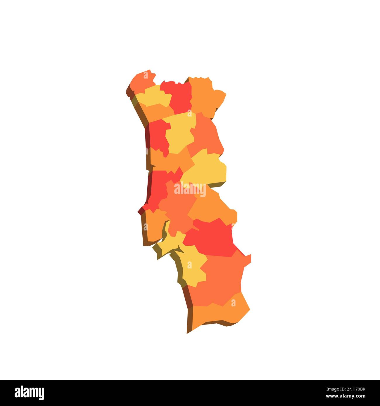 Politische Karte der Verwaltungsbezirke in Portugal. 3D-Karte in orangefarbenen Farbtönen. Stock Vektor