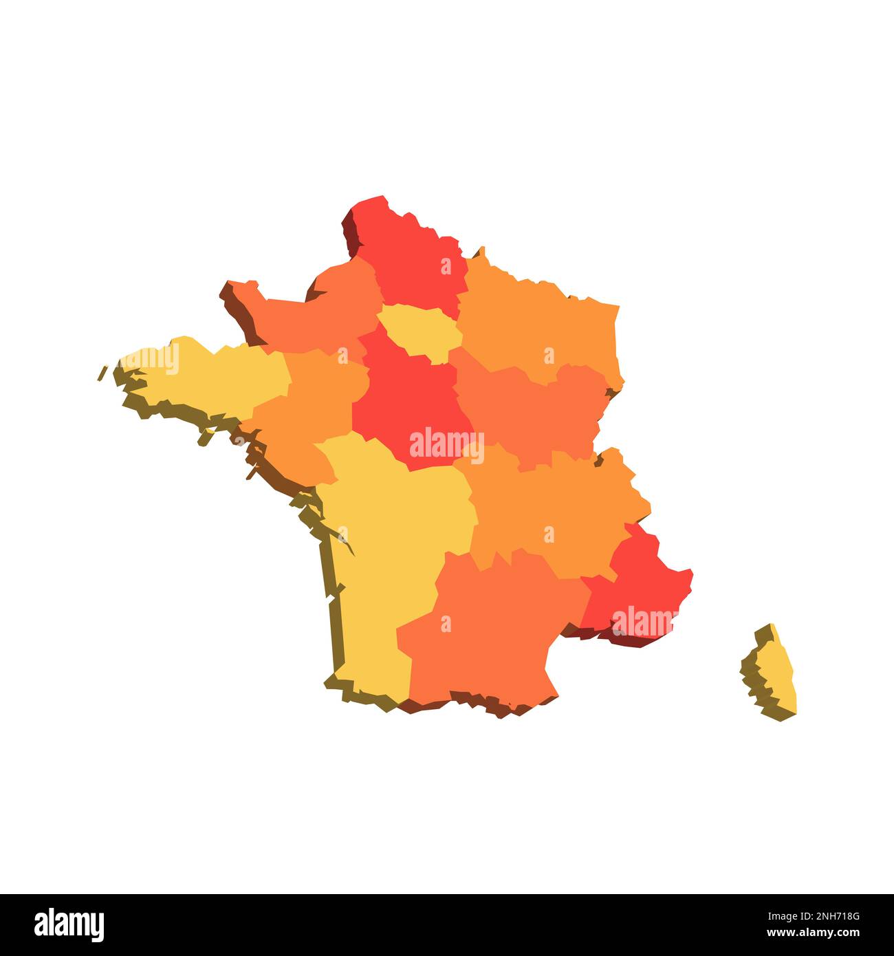 Politische Karte Frankreichs der Verwaltungsabteilungen - Regionen. 3D-Karte in orangefarbenen Farbtönen. Stock Vektor
