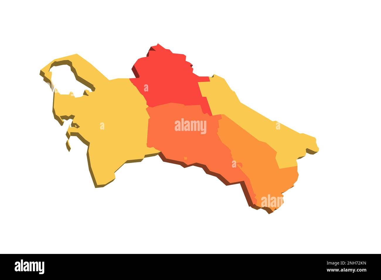 Turkmenistan politische Karte der Verwaltungsabteilungen - Regionen und Hauptstadtbezirk Aschgabat. 3D-Karte in orangefarbenen Farbtönen. Stock Vektor