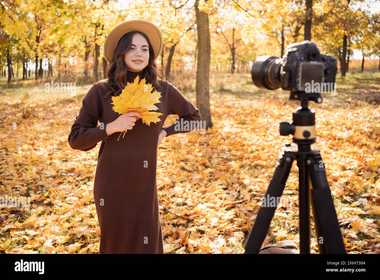 Junge Bloggerin nimmt Inhalte für Video-Blog auf Kamerabildschirm im Herbstpark über die Natur auf. Speicherplatz kopieren Stockfoto