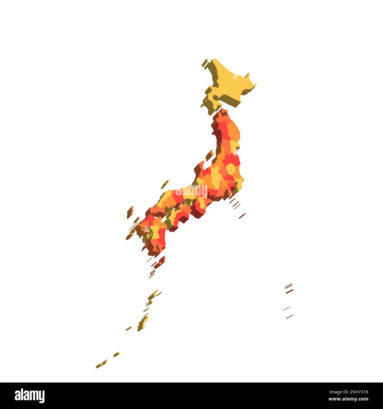 Politische Karte der Verwaltungseinheiten Japans - Präfekturen, Metropilis Tokio, Territorium Hokaido und städtische Präfekturen Kyoto und Osaka. 3D-Karte in orangefarbenen Farbtönen. Stock Vektor