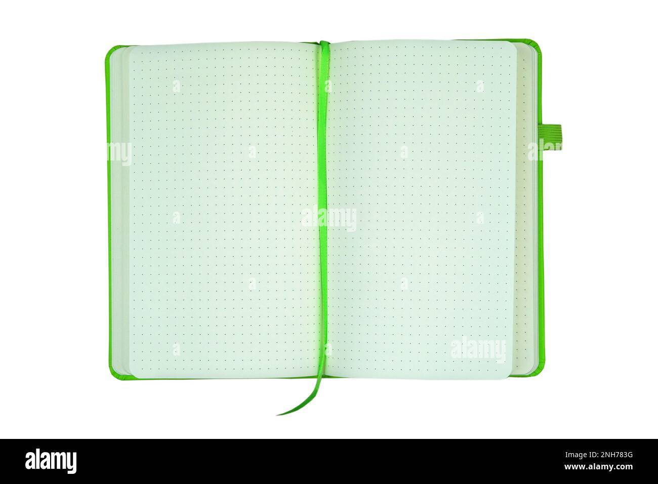 Grünes Notizbuch isoliert auf weißem Hintergrund. Geschlossen. Draufsicht. Stockfoto