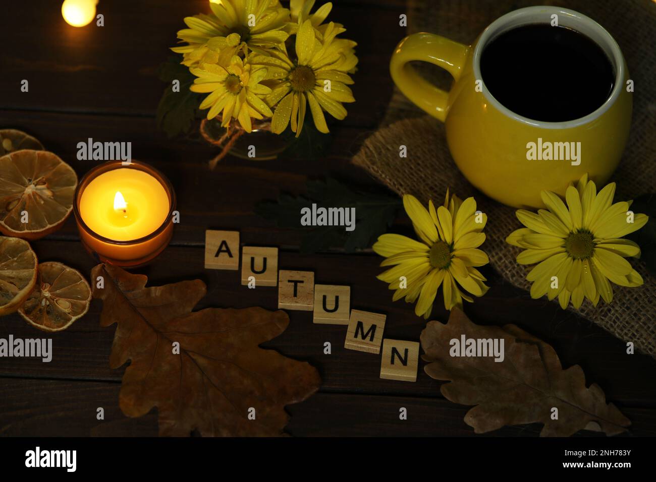 eine tasse Kaffee im Herbst mit Blättern und Blumen. Text Herbst Stockfoto