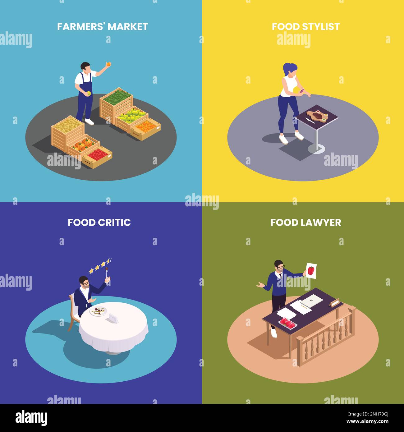 Isometrische Berufe in der Lebensmittelindustrie 2x2 Designkonzept mit farbigen Stylisten, Kritikern und Anwälten auf farbenfrohen Hintergründen 3D isolierte Vektordarstellung Stock Vektor