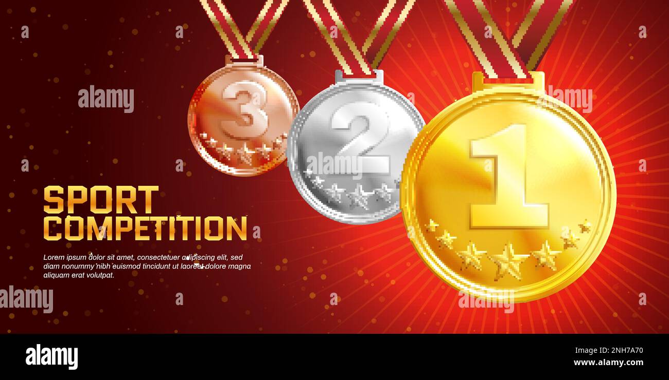 Sportwettbewerb farbiges, realistisches Poster mit goldenen Silber- und Bronzepreisen auf roten Bändern Vektorgrafik Stock Vektor